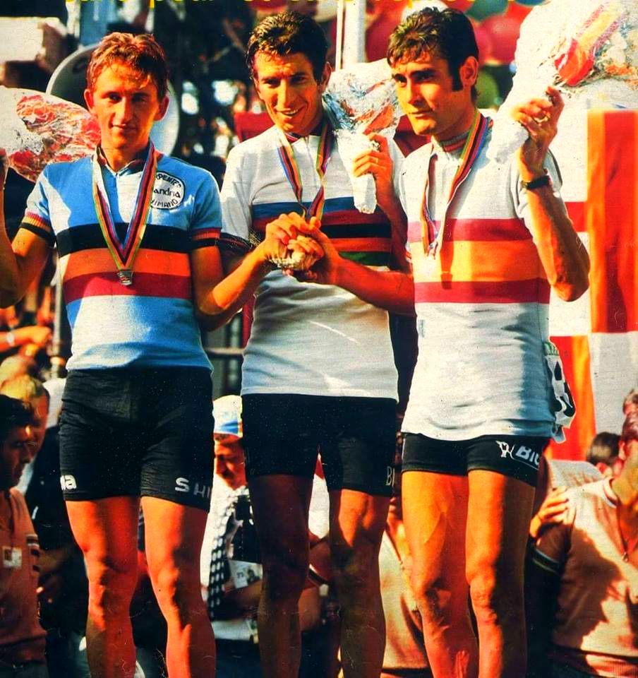 Felice Gimondi campione del mondo a Barcellona 1973 davanti a Eddy Merck e Mertens